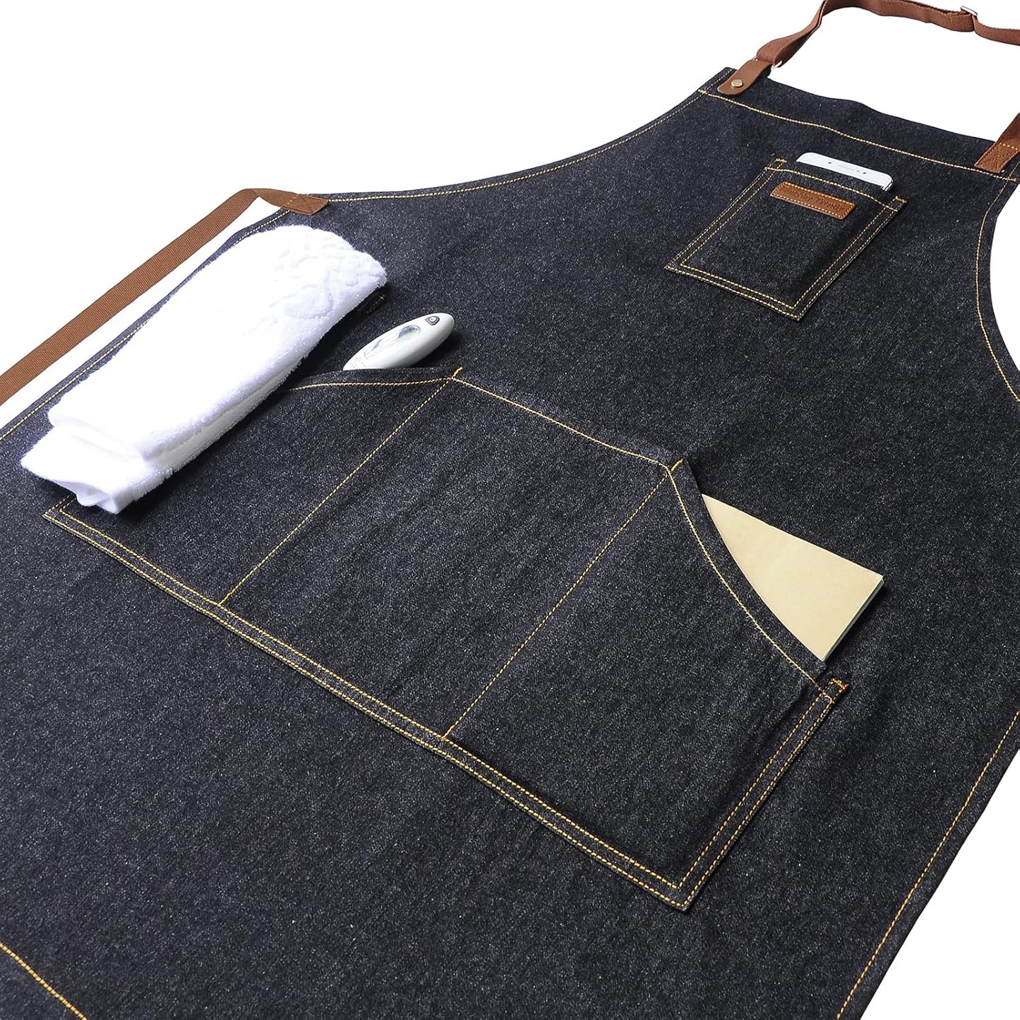 Denim Kitchen Apron with Pockets and Adjustable Neck Straps for Men and Women