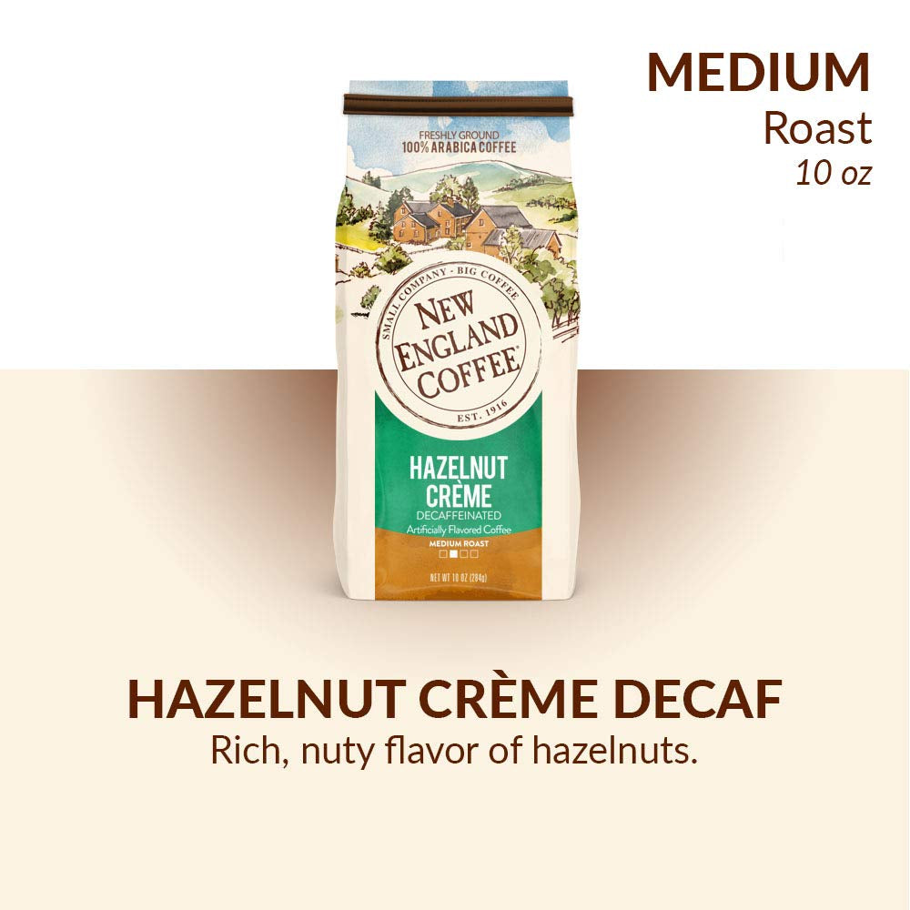 Hazelnut Crème Decaf Medium Roast Ground Coffee, 10oz bag, pack of 3, rich nutty flavor, 100% Arabica beans, gluten-free, kosher certified.