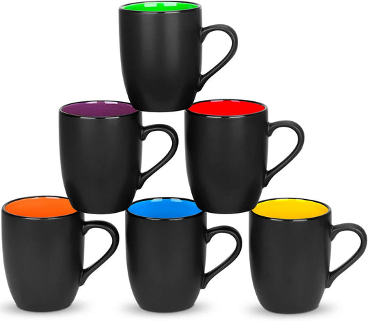 Set of 6 large 16 oz matte black porcelain coffee mugs, dishwasher and microwave safe, ideal for coffee, tea, and cocoa