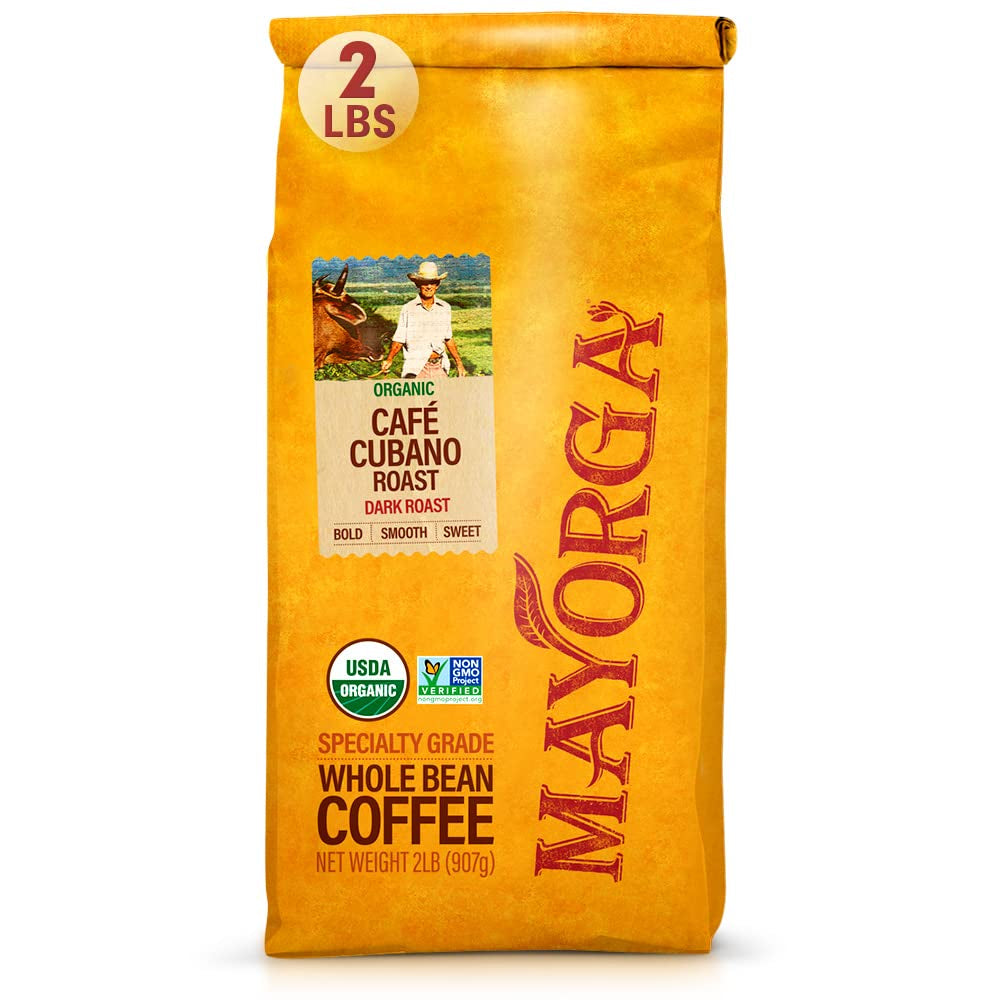 Organic cubano roast dark coffee, whole bean coffee 2lbs bag, Mayorga cuban-style dark roast, USDA organic coffee, non-GMO whole bean coffee, direct trade kosher coffee, specialty grade Arabica coffee beans, smooth dark roast coffee, low-acid Cuban coffee.