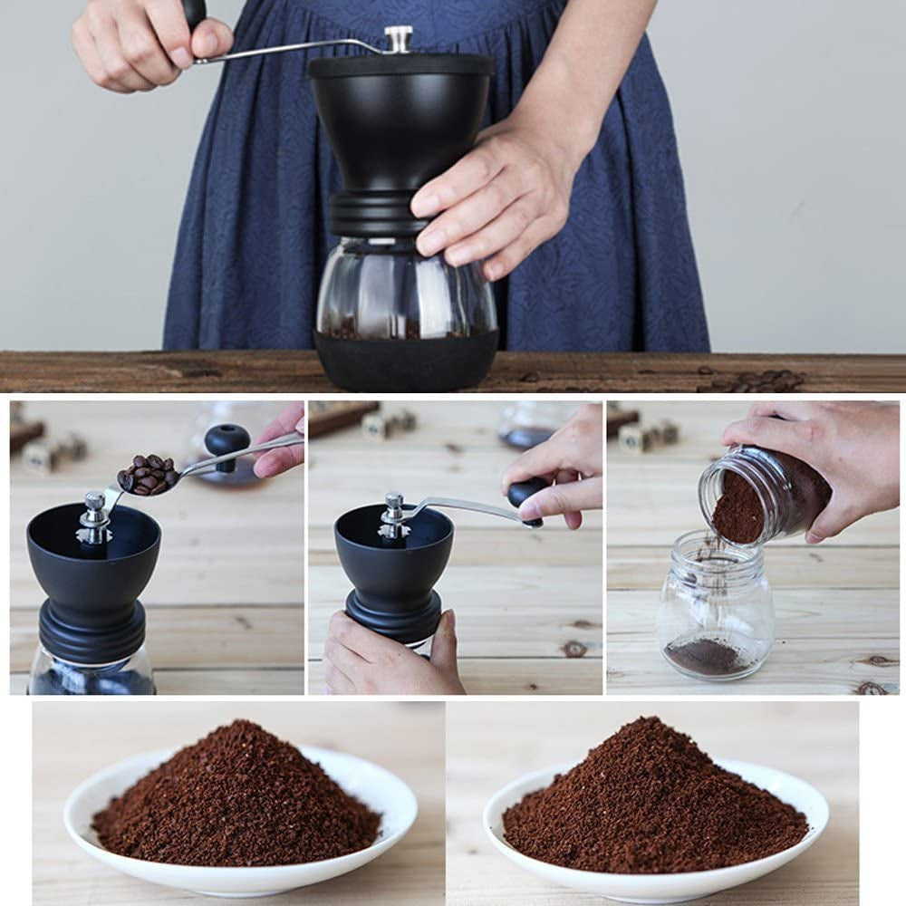 Manual coffee grinder with ceramic burrs, hand coffee mill with glass jars, adjustable grind coffee grinder, easy to clean coffee grinder, portable coffee grinder with brush and scoop, stainless steel handle coffee grinder, ceramic burr coffee grinder, coffee mill with storage jars