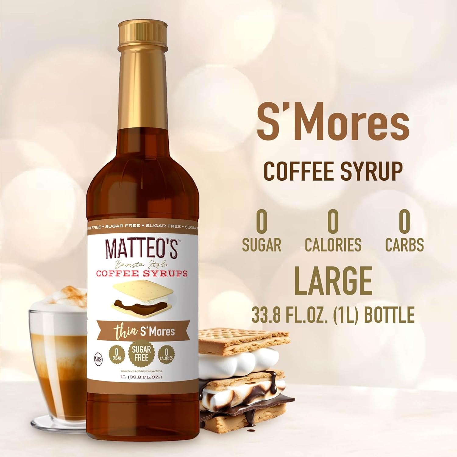 Sugar-free coffee syrup, S'More flavour syrup, Keto-friendly coffee syrup, 33.8 oz syrup bottle, Barista-style coffee syrup