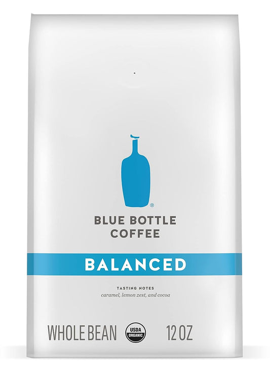 Blue Bottle whole bean organic coffee, medium roast coffee beans, 12 oz coffee bag, balanced coffee blend, organic whole bean coffee, specialty coffee, caramel lemon cocoa coffee, Blue Bottle Coffee medium roast