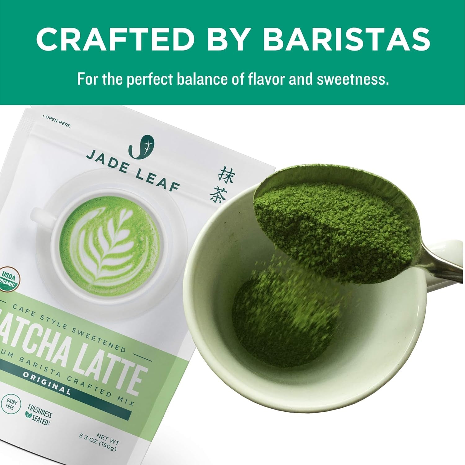 Organic Sweetened Matcha Latte Mix 5.3 oz Pouch, Premium Japanese Matcha Latte Mix, Cafe-Style Sweetened Matcha Latte, USDA Organic Matcha Green Tea Mix, Dairy-Free Matcha Latte Powder, Gluten-Free Matcha Latte Mix, GMO-Free Matcha Green Tea Powder, Jade Leaf Matcha Latte Mix