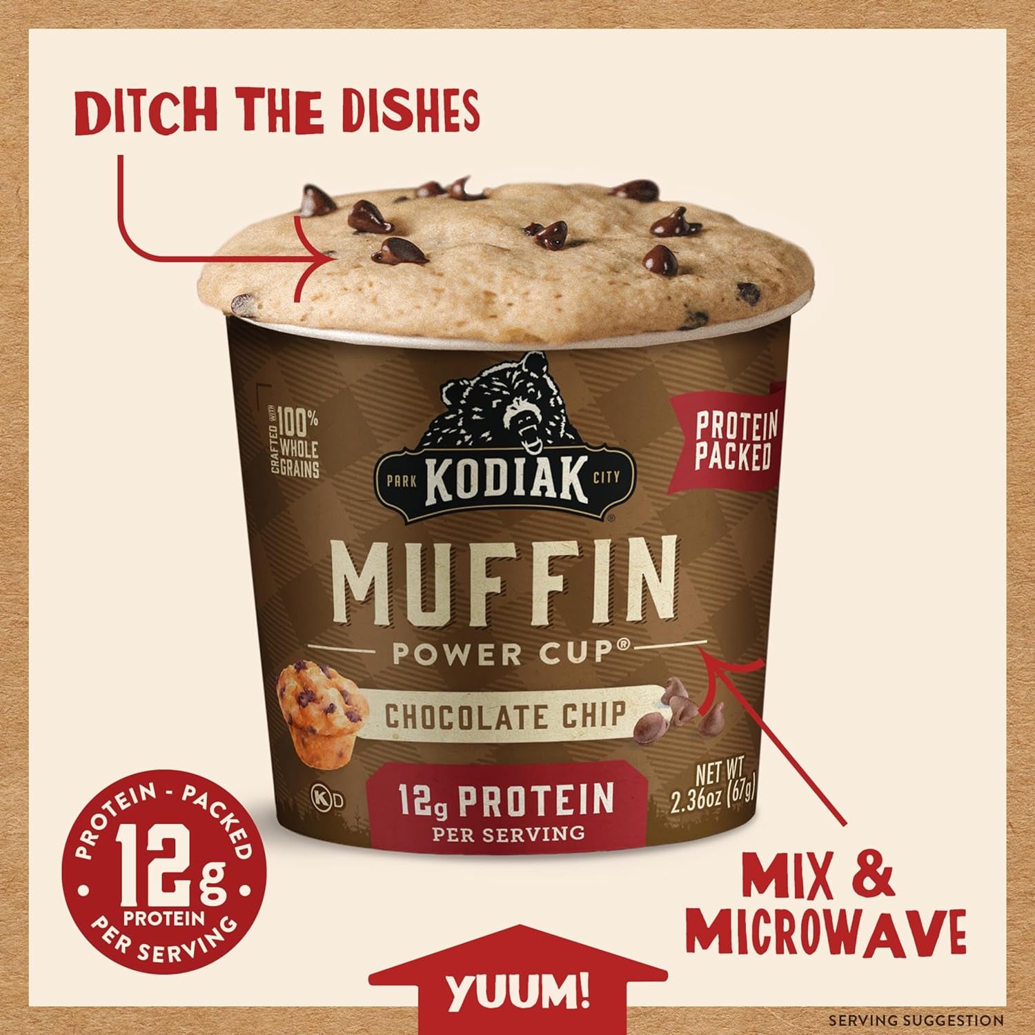 Kodiak Cakes Chocolate Chip Minute Muffins, High Protein Snack, Ready in One Minute, Non-GMO Ingredients, Whole Grain Muffins, Pack of 12