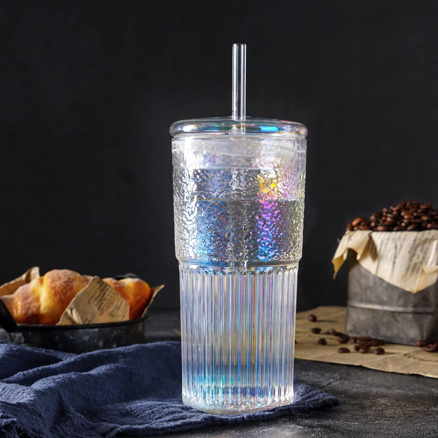 Colorful Borosilicate Glass Tumbler with Lid and Straw, 20 Oz Rainbow Glass Cup for Iced Coffee, Smoothies, and More.