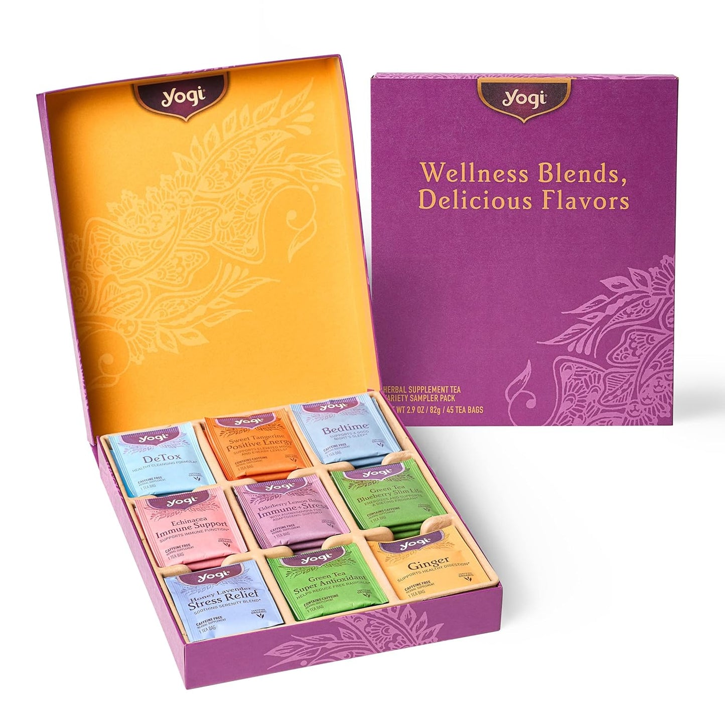 Yogi Organic Tea Sampler Gift Box, Assorted Wellness Teas, 45 Tea Bags, 9 Flavors