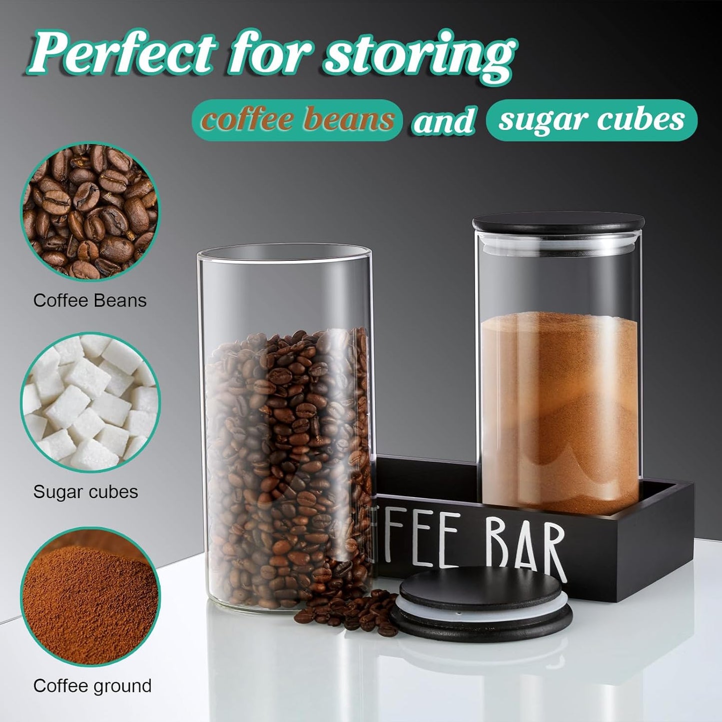 glass coffee canister set, airtight coffee jars, bamboo lid coffee storage, coffee and sugar containers, farmhouse coffee bar accessories