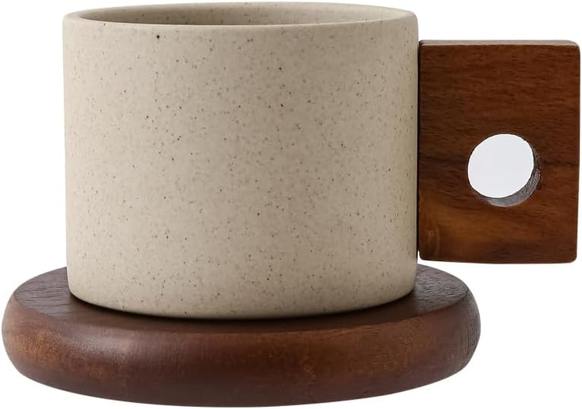 Ceramic coffee mug with wooden handle, espresso cup with acacia wooden saucer, unglazed porcelain coffee mug, natural earthy finish coffee cup, cappuccino mug set, latte cup with wooden saucer, premium ceramic coffee cup, coffee lover gift set.