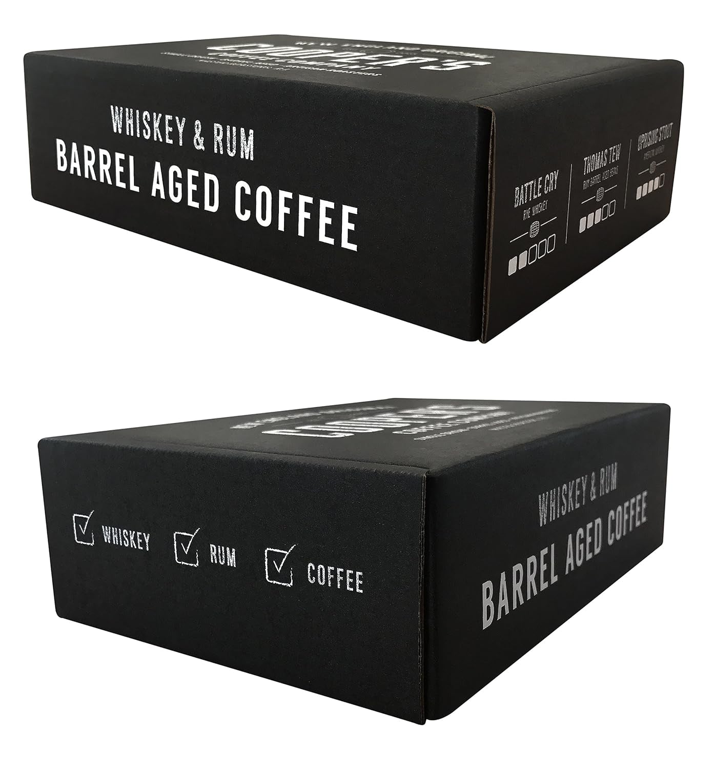 Bourbon Barrel Aged Coffee Bean Set, Single Origin Sumatra, Ethiopian Rye, Rwanda Rum Roasted Coffee Beans, 4oz Pack of 3, Artisan Coffee Roasters, Cooper's Cask Coffee, Whiskey Barrel Aged Coffee, Rum Barrel Aged Coffee, Small Batch Coffee, Grade 1 Coffee Beans