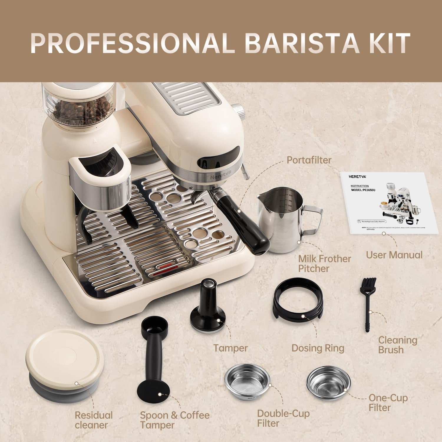 20 Bar Espresso Machine, Grinder Espresso Maker, Steam Wand Cappuccino Maker, Home Barista Coffee Machine, 58MM Portafilter Espresso Machine