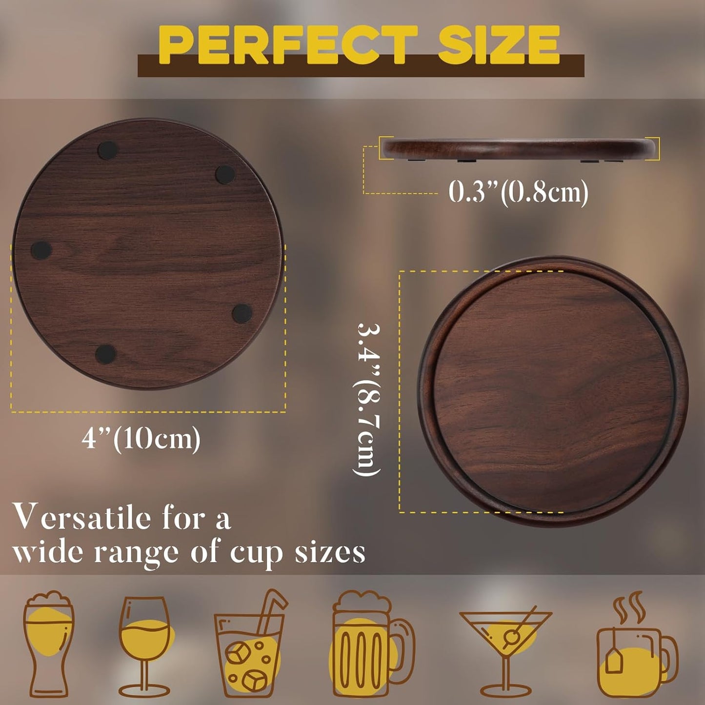 Wood Drink Coasters with Metal Holder, 4 Inch Walnut Wood Coasters, Non-Slip Drink Coasters, Eco-Friendly Coaster Set