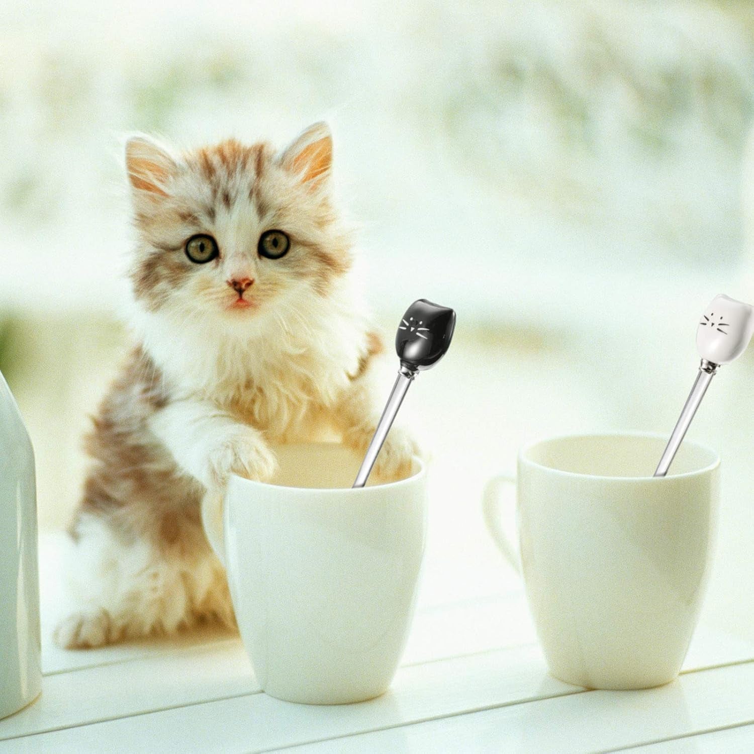 cat coffee spoons, cute stainless steel spoons, ceramic cat head spoons, coffee stirring spoons, tea and dessert spoons, black and white cat spoons, durable cat spoons, cat lover gifts, 5.5 inch cat spoons