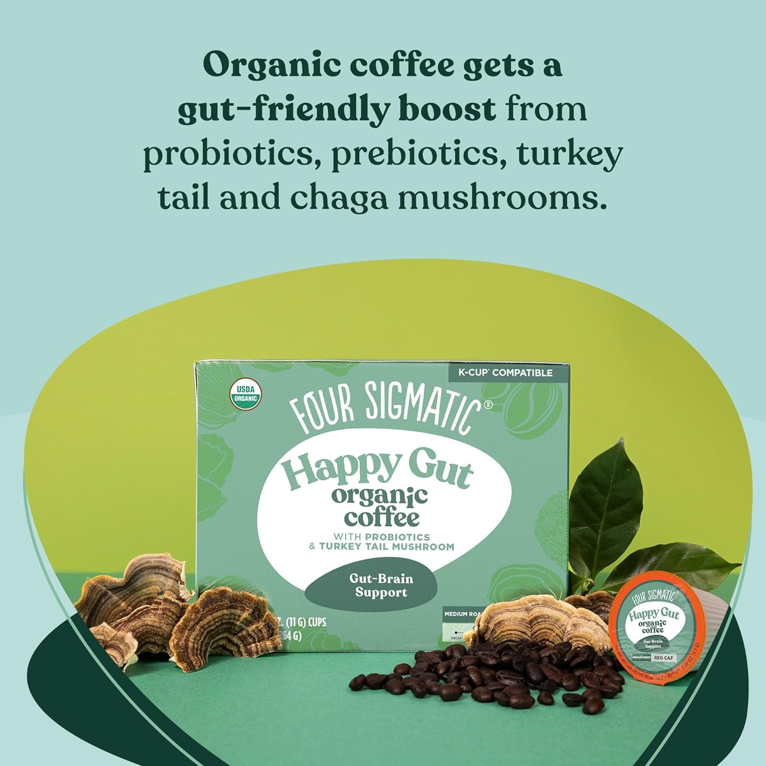 Mushroom Coffee K-Cups, Organic Medium Roast Coffee, Adaptogen Coffee Pods, Low Caffeine Coffee, Four Sigmatic Coffee