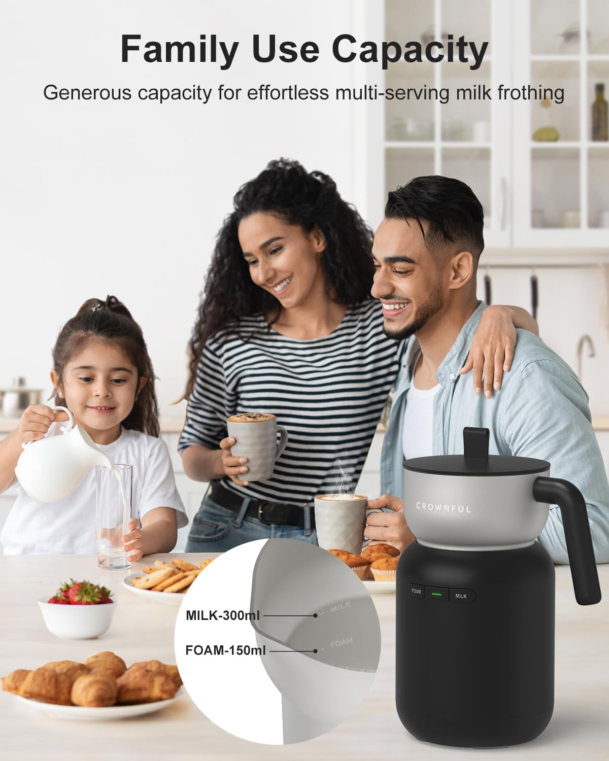 Electric milk frother, 5-in-1 milk frother, CROWNFUL milk steamer, coffee frother, latte frother, cappuccino frother, macchiato frother, automatic milk frother, dishwasher safe frother, milk frother with temperature control, black milk frother, hot and cold foam maker