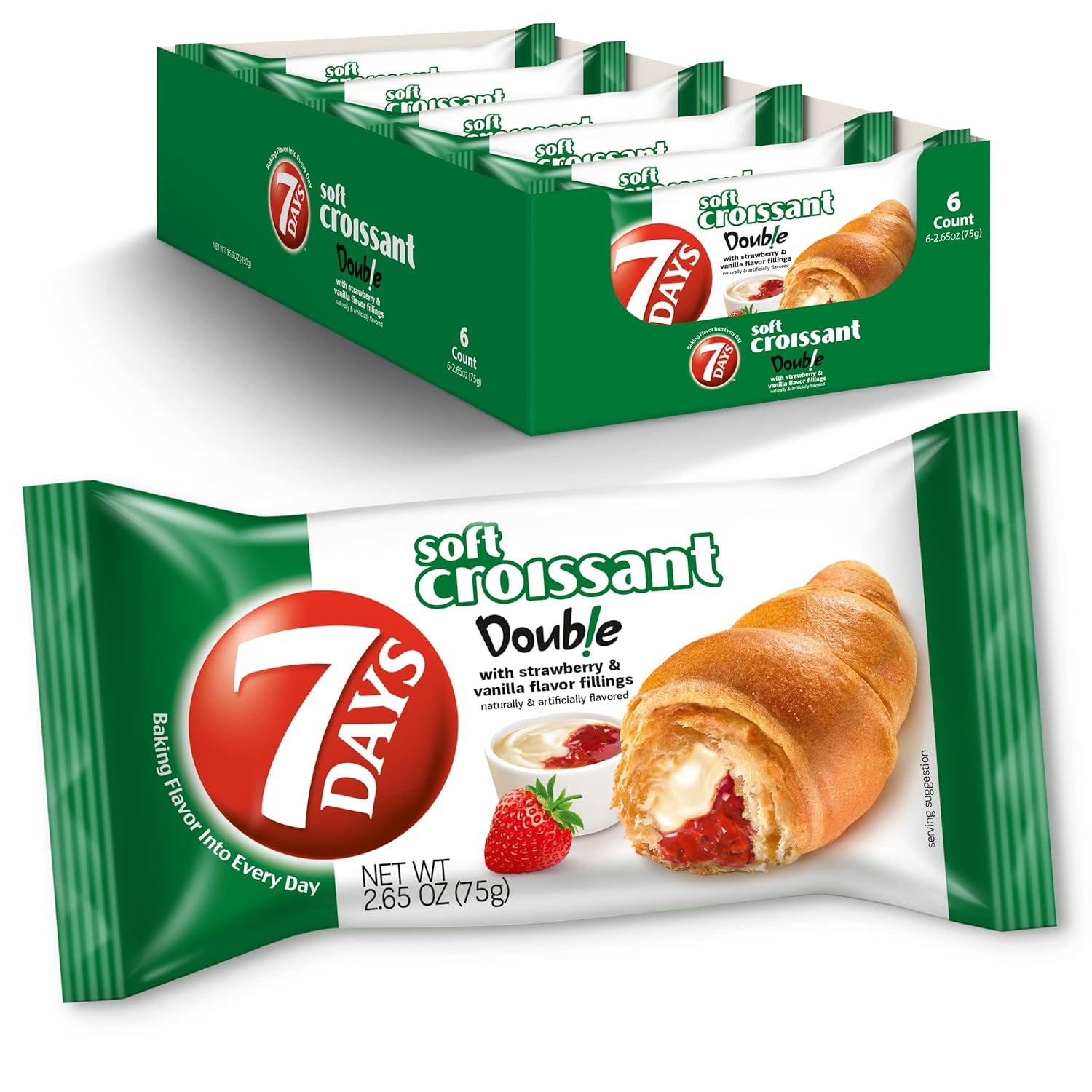  7Days strawberry vanilla croissant, individually wrapped pastry, non-GMO breakfast snack, 2.65 oz pack of 6