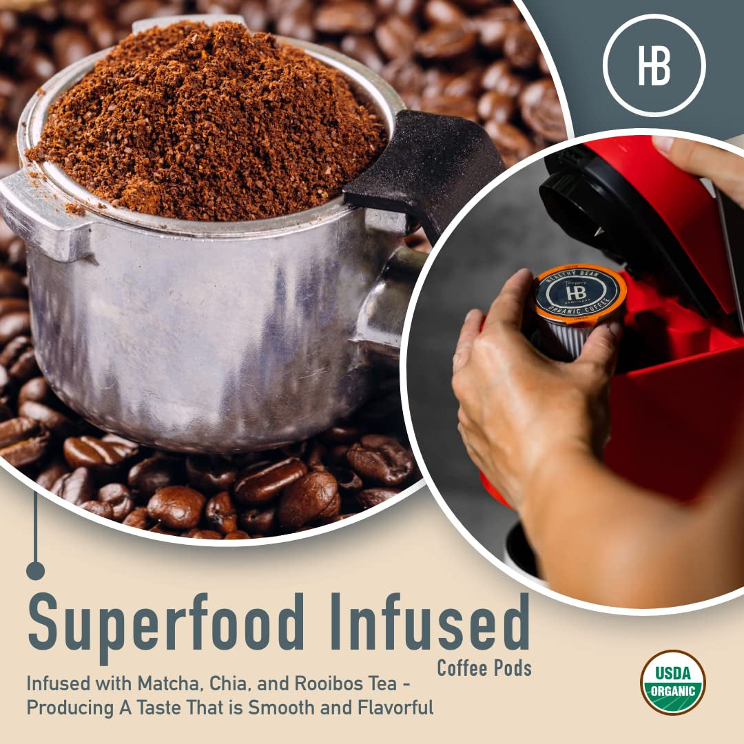 Low acid coffee pods, Superfood infused coffee, Organic coffee pods, Mold-free coffee, Stomach-friendly coffee, Semi-dark roast coffee, 12 pack coffee, Matcha chia rooibos coffee, Mycotoxin-free coffee, Healthy coffee pods.