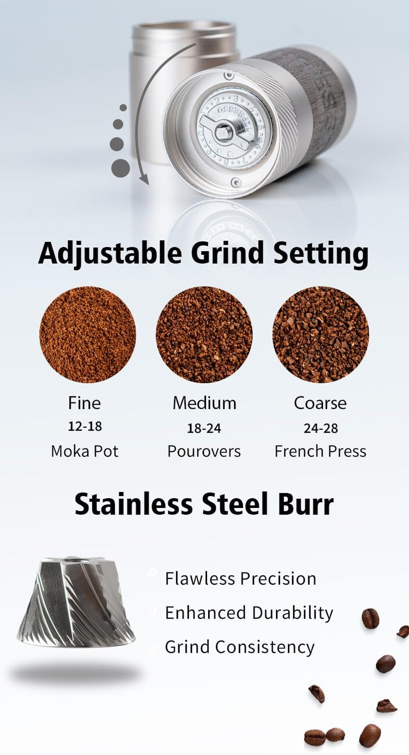 Mini Slim Travel Size Manual Coffee Grinder, compact manual coffee grinder, portable coffee grinder, foldable handle coffee grinder, lightweight travel coffee grinder, dual bearing coffee grinder, adjustable grind settings coffee grinder, easy to clean manual coffee grinder, premium manual coffee grinder, travel-friendly coffee grinder