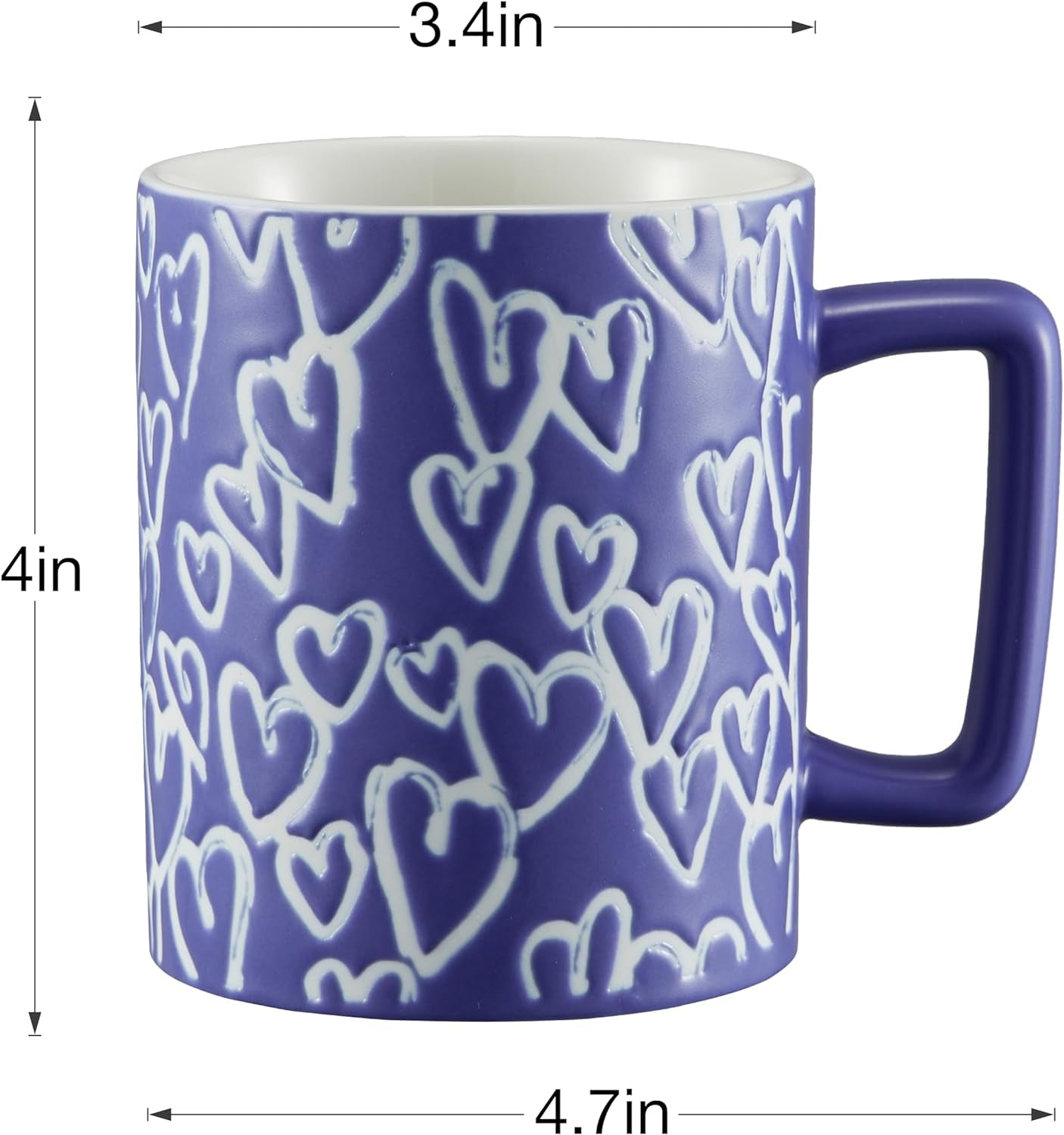 14oz porcelain coffee cup, large ceramic mug with heart pattern, blue tea cup, dishwasher and microwave safe coffee mug, latte cappuccino cup for gifts, elegant coffee mugs for home or office.