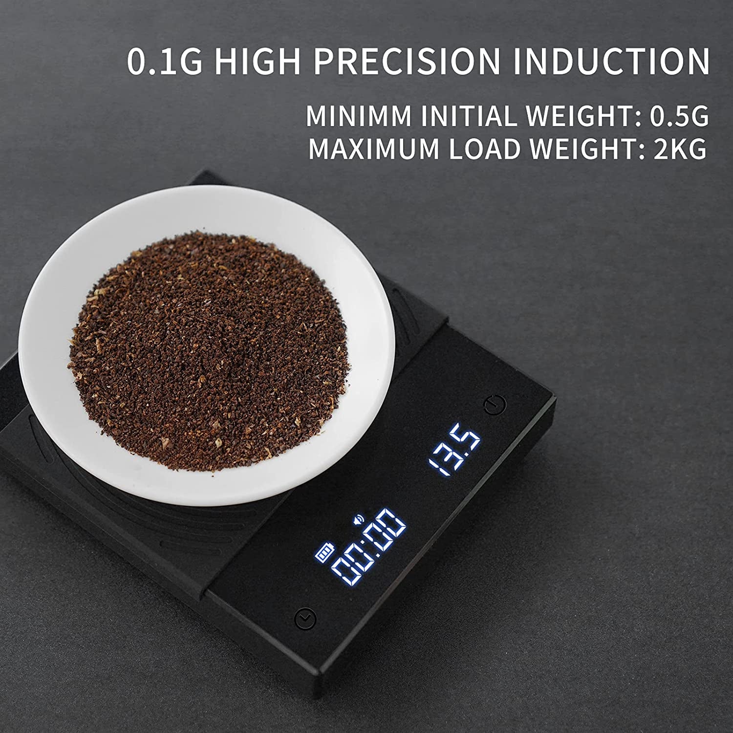 Basic+ coffee scale with timer, 2000g capacity, black, high precision, high-quality materials, advanced functions, USB charging.