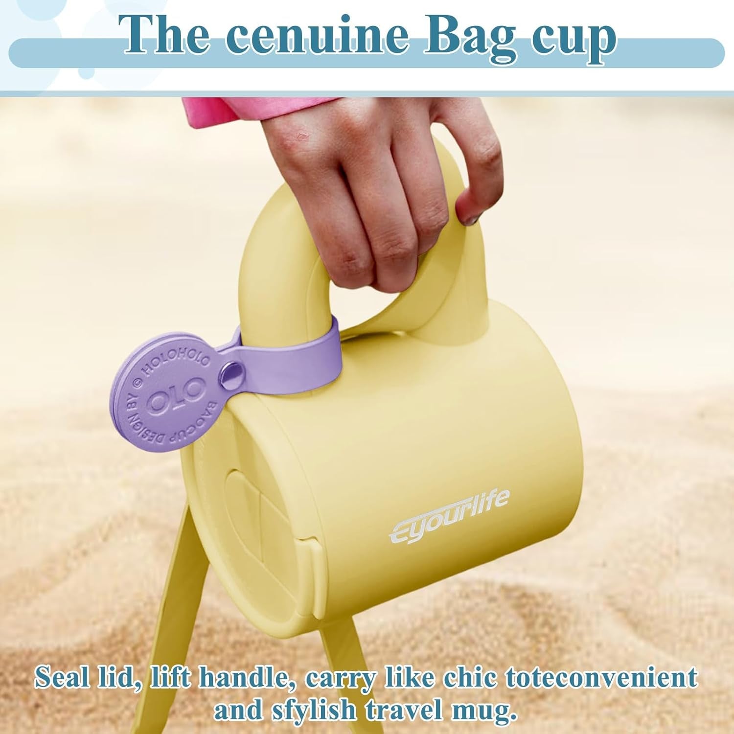 handbag shaped mug, chubby handle travel mug, stylish camping mug, unique coffee mug design, vibrant travel mug, high-quality TRITAN tumbler, 360° leakproof mug, yellow bag-shaped mug