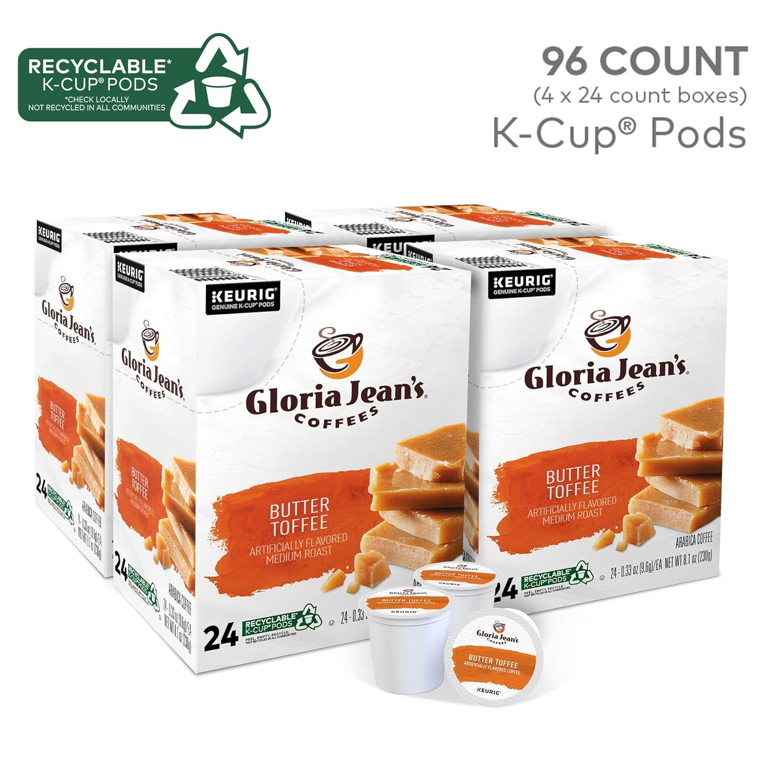  Butter Toffee K-Cup Pods, Medium Roast Coffee, 96 Count (4 Packs of 24), Gloria Jean’s Coffees