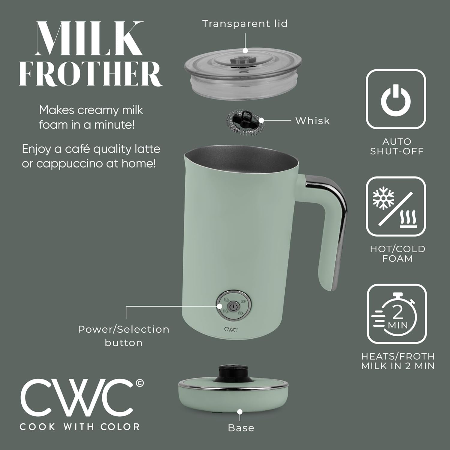 Efficient 500W milk frother, Sage milk frother with auto shut off, 4-in-1 versatile milk frother, Hot and cold foam milk frother, One-touch operation milk frother, Easy to clean milk frother, Milk frother for coffee and tea, COOK WITH COLOR milk frother, Professional-quality foam milk frother, Safe milk frother with auto shut off