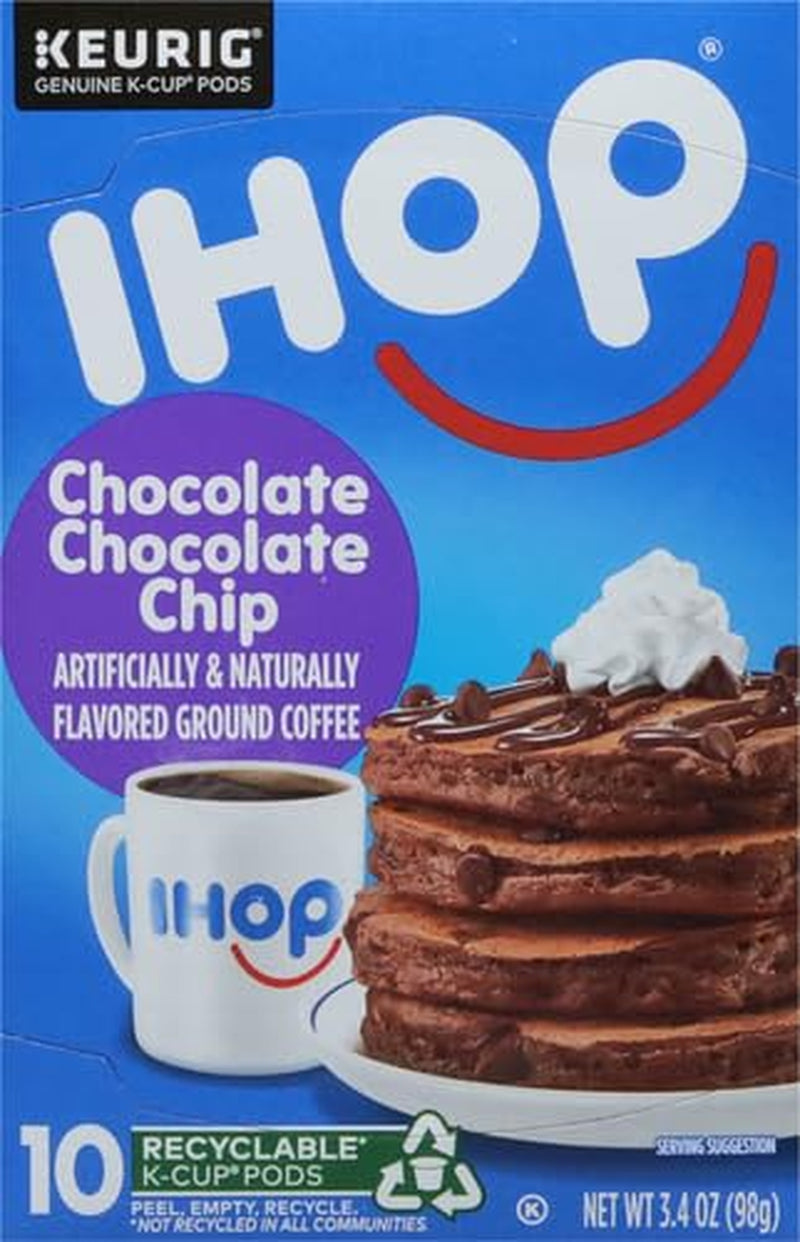 IHOP Chocolate Chip Keurig K-Cup Coffee Pods, IHOP coffee pods 10 count box, chocolate chip flavored coffee pods, IHOP chocolate coffee, recyclable coffee pods, premium Arabica coffee pods, IHOP pancake inspired coffee, single-serve Keurig coffee pods, Kosher certified coffee pods, IHOP menu-inspired coffee