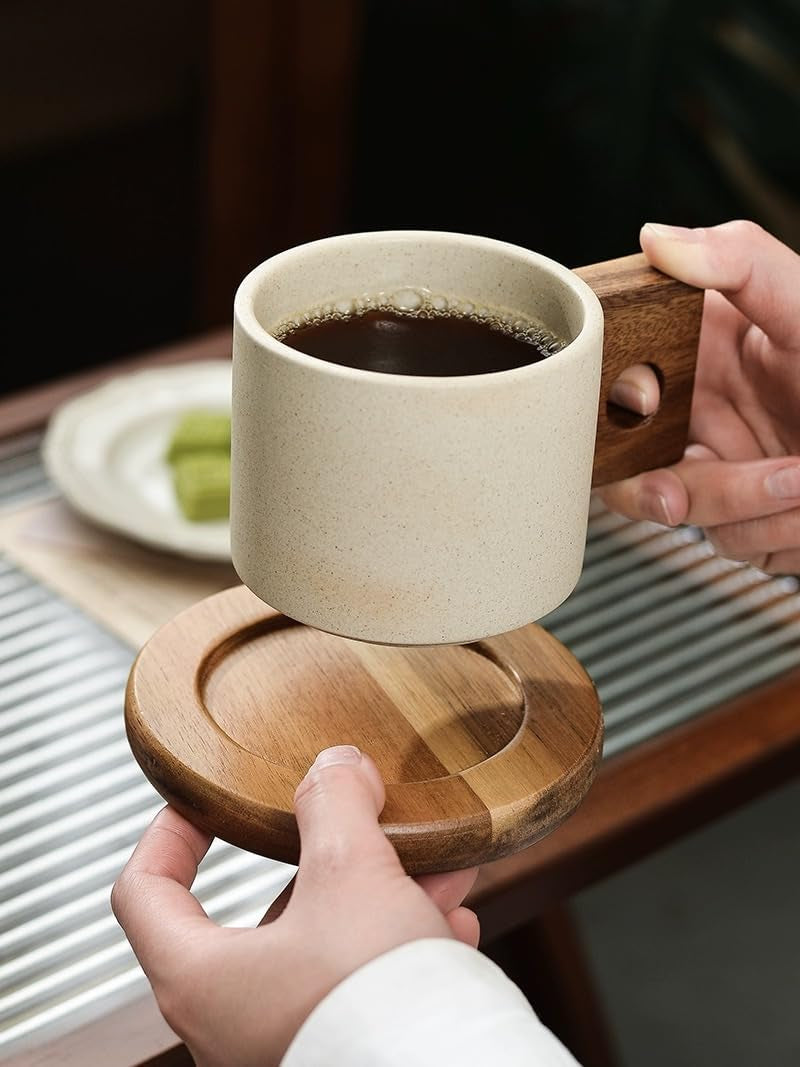 Ceramic coffee mug with wooden handle, espresso cup with acacia wooden saucer, unglazed porcelain coffee mug, natural earthy finish coffee cup, cappuccino mug set, latte cup with wooden saucer, premium ceramic coffee cup, coffee lover gift set.