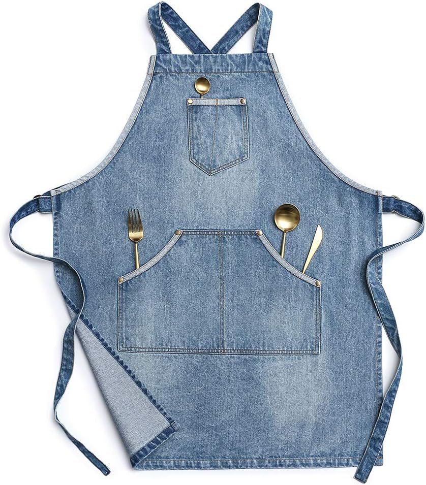 Cotton Denim Apron, Adjustable Cross Back Apron, Barista Apron with Pockets, Professional Apron for Men and Women