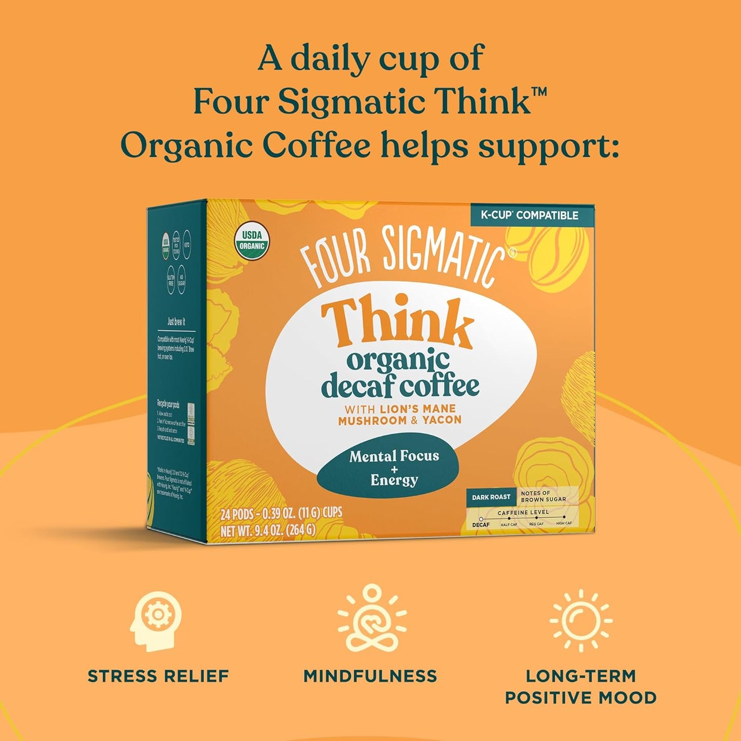 Decaf Mushroom Coffee K-Cups, Organic Fair Trade Dark Roast, Lion’s Mane & Yacon Coffee, Immune Support Coffee, Focus Enhancing Decaf Coffee