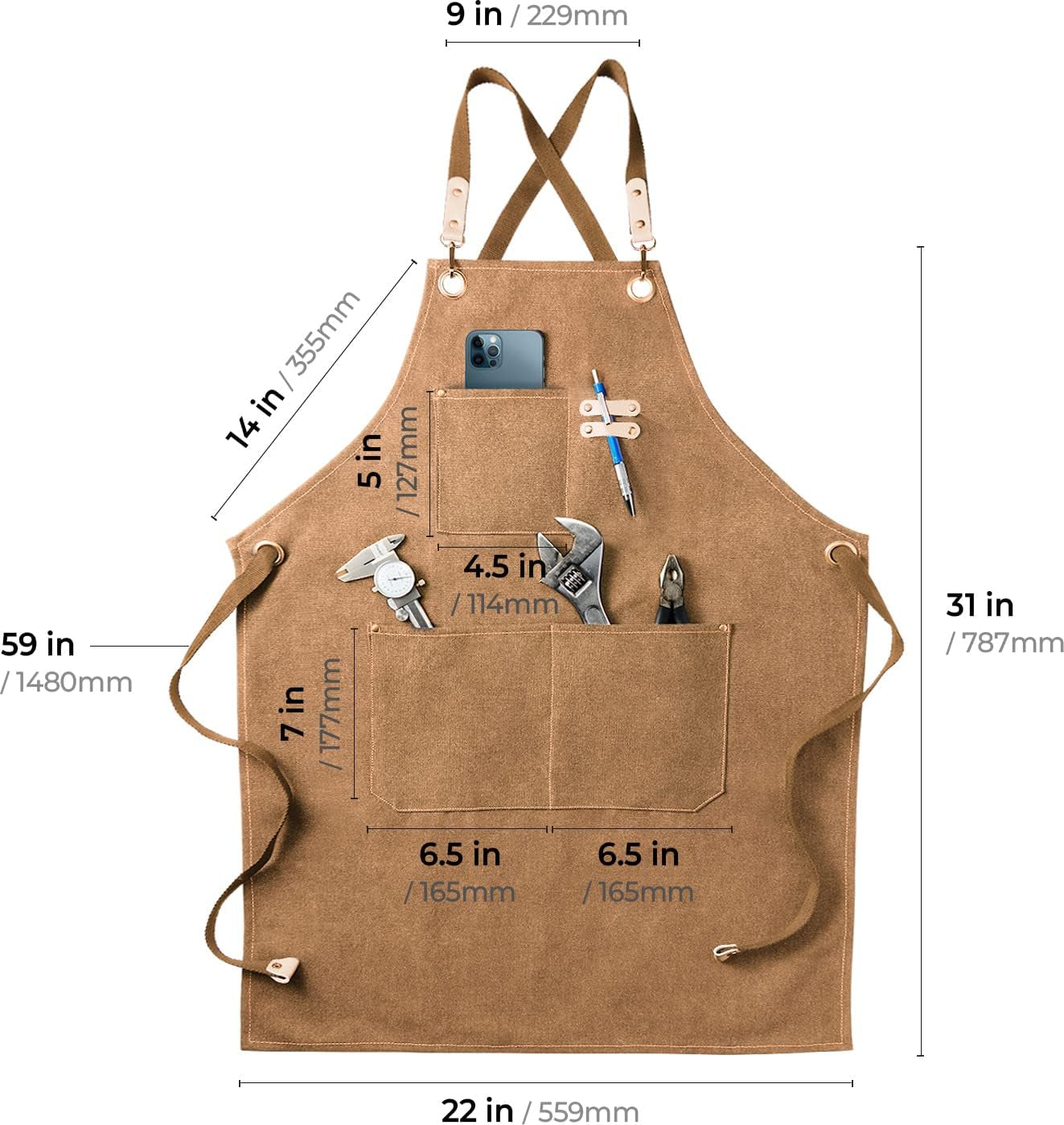 Chef Apron with Waterdrop Resistant Cotton Canvas and Cross Back Straps