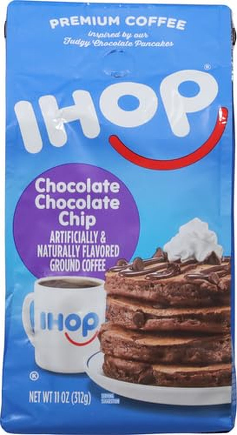 IHOP Chocolate Chocolate Chip flavored ground coffee, 11 oz bag, premium Arabica beans, home brewing, indulgent coffee, kosher certified.