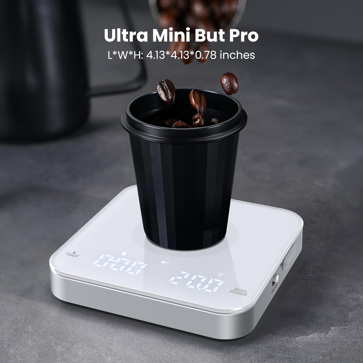  Rechargeable mini coffee scale with timer, portable espresso and pour-over scale, white and silver, 0.1g high precision, three units, dual timekeeping modes.