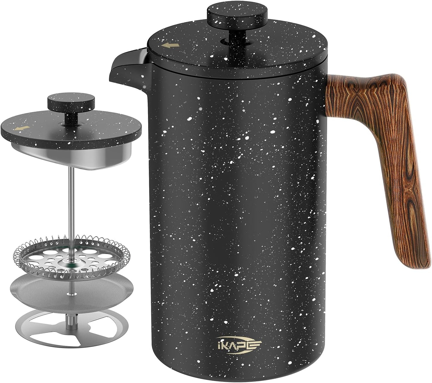 French Press Coffee Maker, 34 OZ Stainless Steel Coffee Press, Starry Black Espresso Maker, 4 Level Filtration System French Press, Wooden Handle Coffee Press, Pure Flavored Coffee Maker, IKAPE French Press, Easy Clean Coffee Press