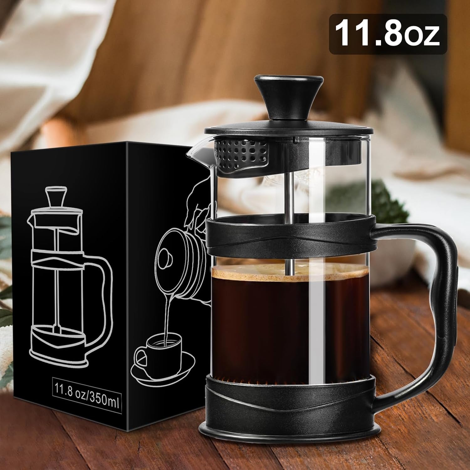 French Press Coffee Maker 11.8oz, Mini Camping Coffee Press, Heat Resistant Glass French Press, Stainless Steel Filter Coffee Press, Portable French Press, Coffee and Tea Maker, Easy Clean French Press, Dishwasher Safe Coffee Press