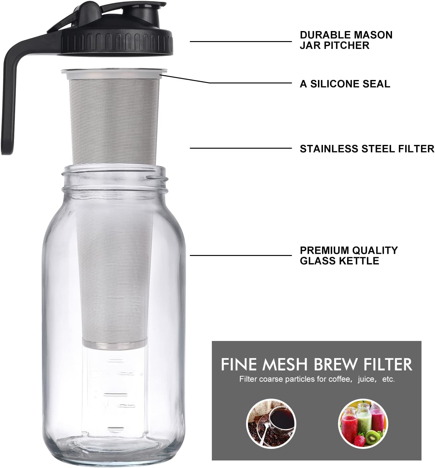 cold brew mason jar, 64 oz iced coffee maker, durable glass coffee pitcher, stainless steel coffee filter, mason jar with handle, homemade iced coffee maker, dishwasher safe mason jar, BPA-free coffee container, easy pour coffee dispenser