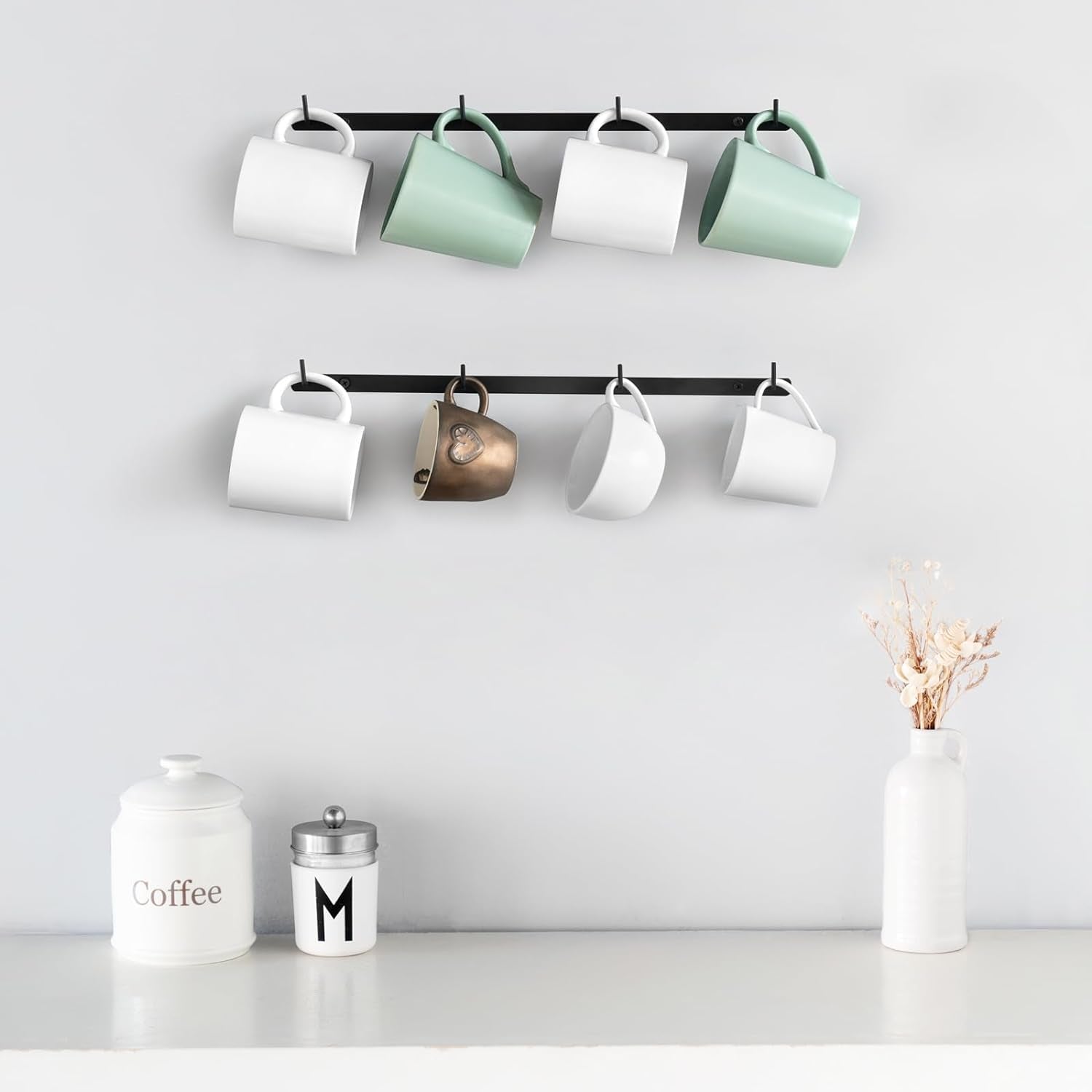 wall mounted mug holder, metal coffee mug rack, mug display storage, kitchen cup organizer, dining room mug holder, coffee bar accessories, black mug rack, space-saving mug holder, Dahey mug holder, wall mounted cup hooks