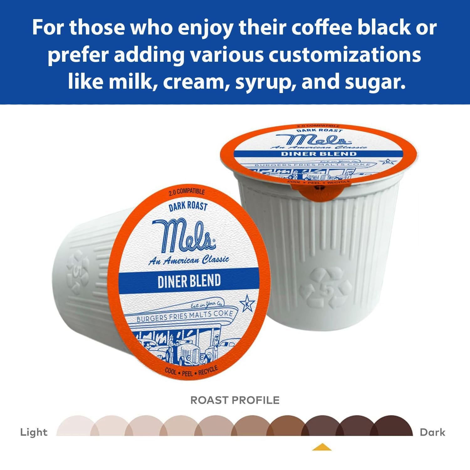 Mel's Drive-In coffee pods, dark roast diner blend, Keurig compatible coffee pods, 75th anniversary limited edition K-Cups, premium Arabica coffee pods, recyclable K-Cup pods, nostalgic diner coffee, Mel's Drive-In dark roast, solar energy produced coffee, American classic coffee