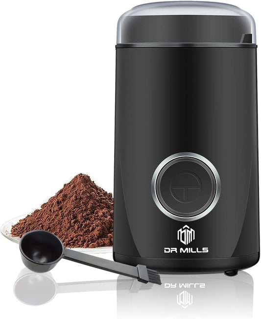 Electric coffee grinder, coffee bean grinder, spice grinder, stainless steel blade grinder, compact coffee grinder, black coffee grinder, versatile food grinder, home and office coffee grinder