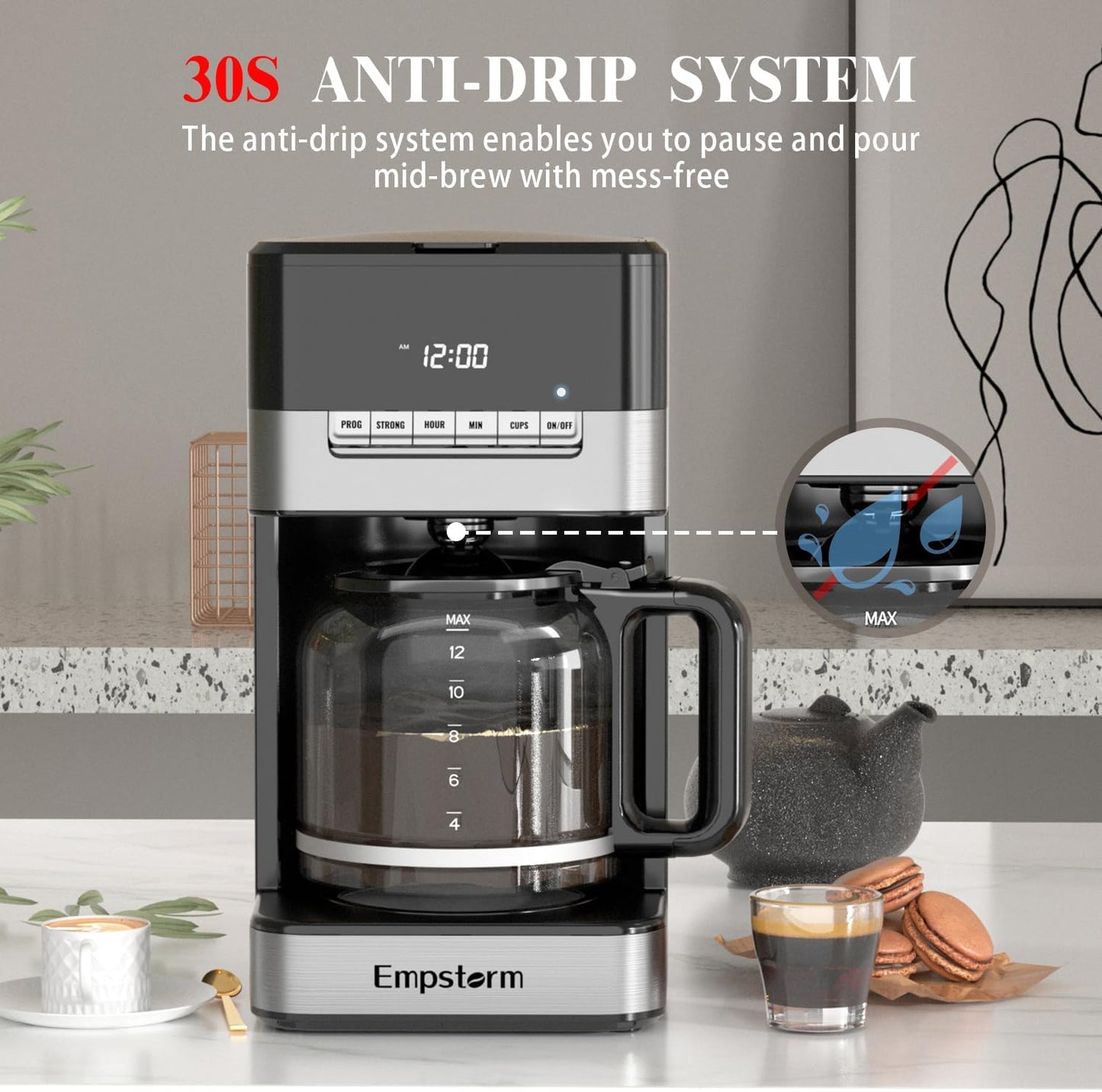 12 cup programmable coffee maker, 1000W coffee machine, fast brew coffee maker, auto shut off coffee maker, 4-hour keep warm coffee maker, anti-drip coffee machine