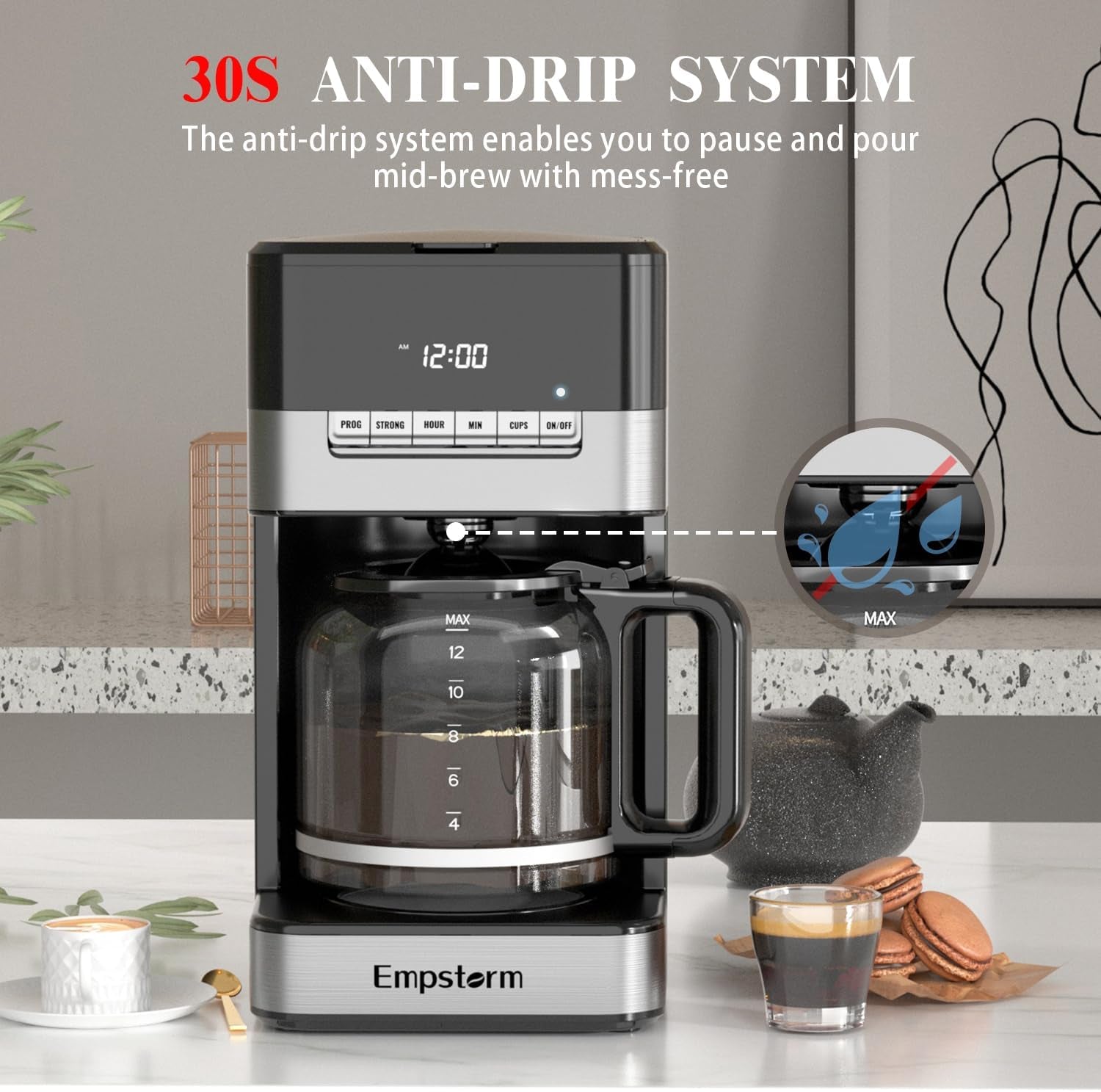 12 cup programmable coffee maker, 1000W coffee machine, fast brew coffee maker, auto shut off coffee maker, 4-hour keep warm coffee maker, anti-drip coffee machine