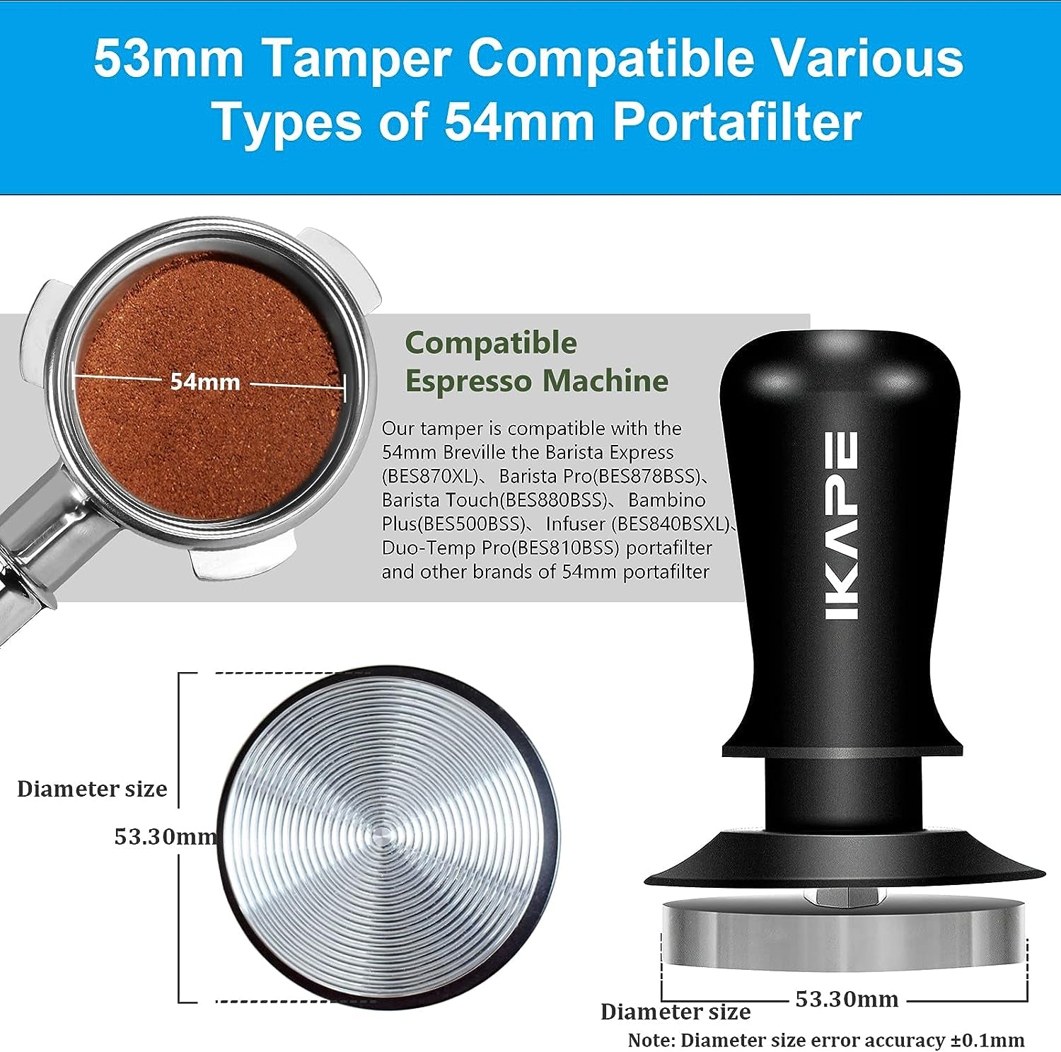 53mm coffee tamper, espresso tamper, calibrated espresso tamper, Breville portafilter tamper, premium barista coffee tamper