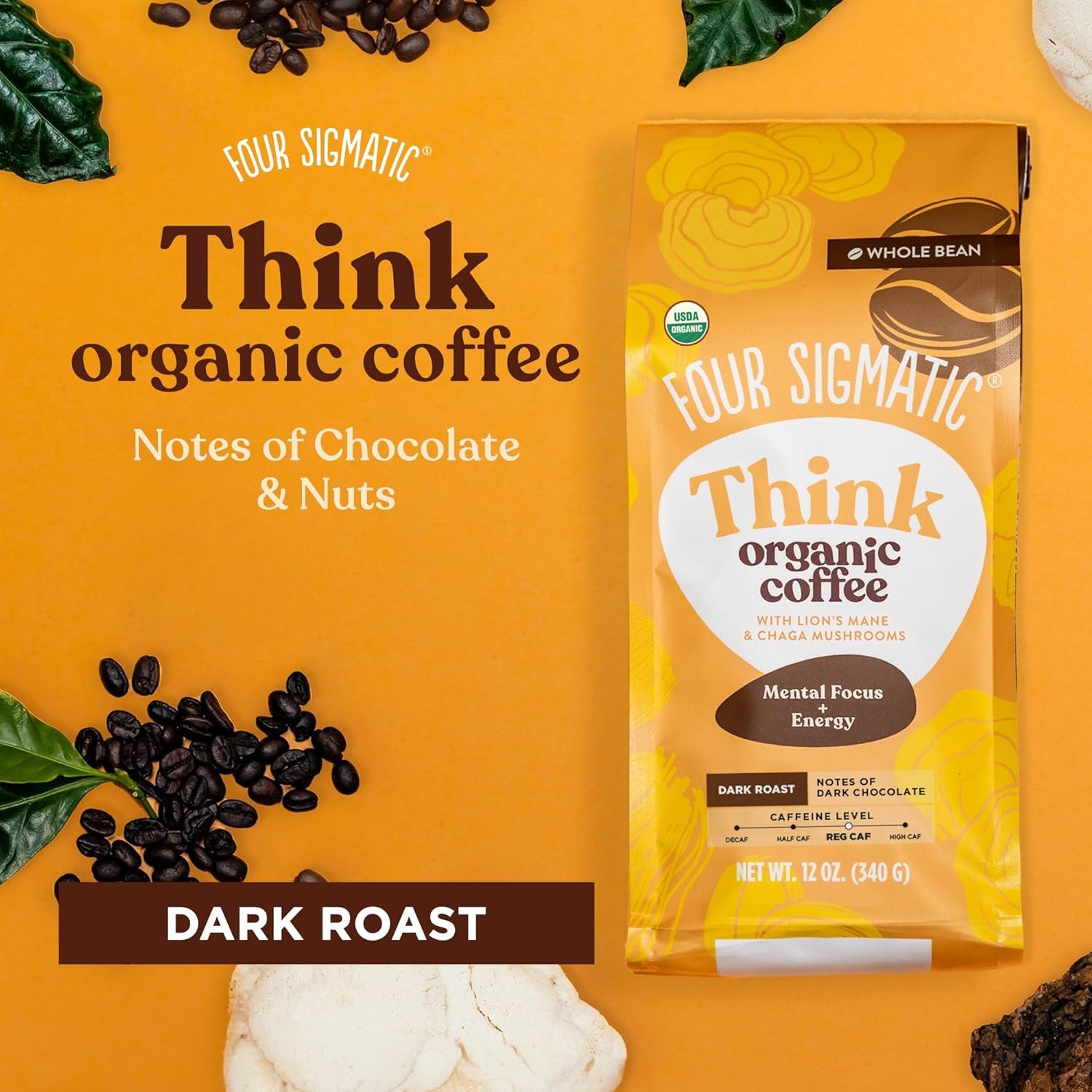 Dark roast coffee beans with Lion’s Mane and Chaga mushrooms, nootropic mushroom coffee, immune-boosting organic coffee, fair trade coffee beans, whole bean coffee with brain function support.