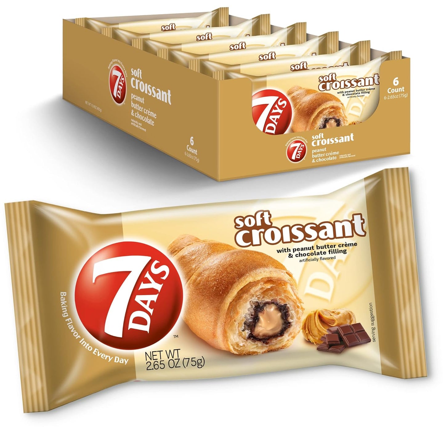 7Days Peanut Butter & Chocolate croissant, individually wrapped pastry, non-GMO breakfast snack, 2.65 oz pack of 6