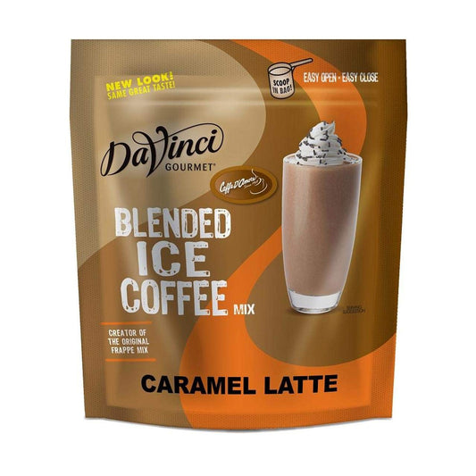 Caramel iced coffee mix, 3-pound coffee mix, DaVinci Gourmet coffee, blended iced coffee, caramel coffee frappe, easy iced coffee mix, 100% Arabica coffee mix, sunflower oil coffee mix.