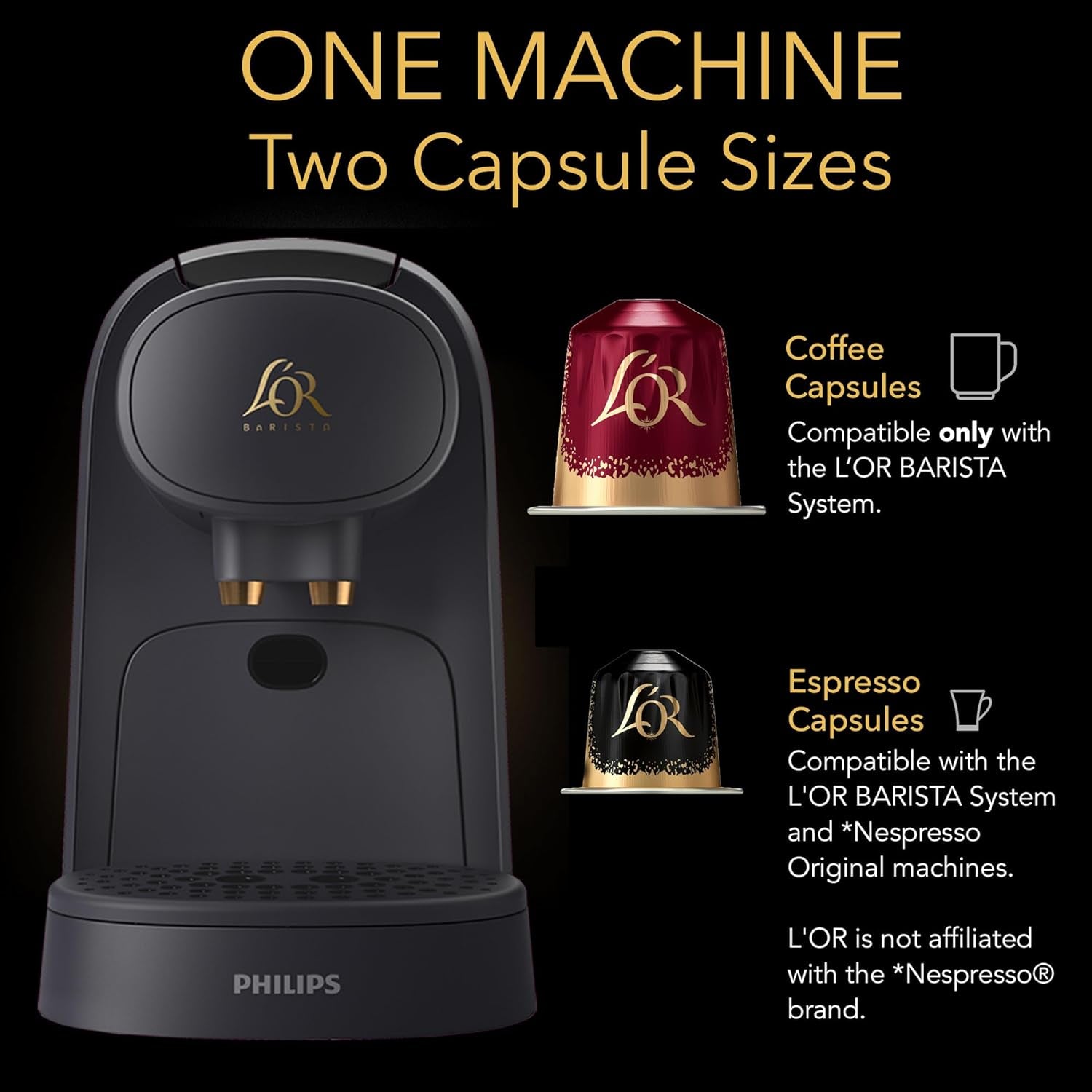 Barista System Coffee Machine, Philips Espresso Machine, Matte Black Coffee Maker, Single-Serve Brewer, L'OR Capsule Coffee Machine