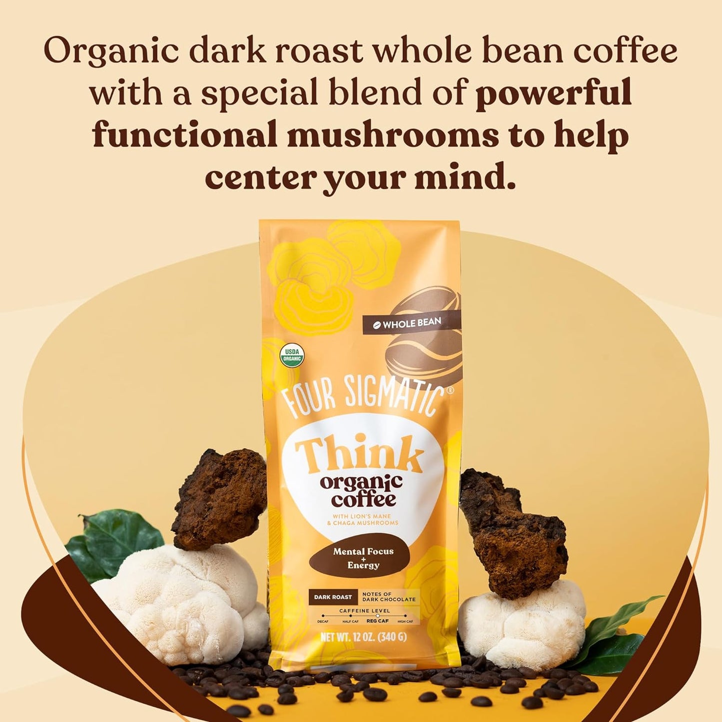 Dark roast coffee beans with Lion’s Mane and Chaga mushrooms, nootropic mushroom coffee, immune-boosting organic coffee, fair trade coffee beans, whole bean coffee with brain function support.