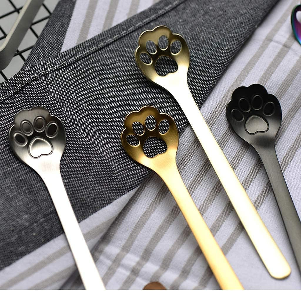 cat paw teaspoons, stainless steel teaspoons, coffee stirring spoons, dessert spoons, ice cream spoons, 5.9 inch spoons, cute cat design, dishwasher safe spoons, kitty cat themed gifts, durable kitchen utensils