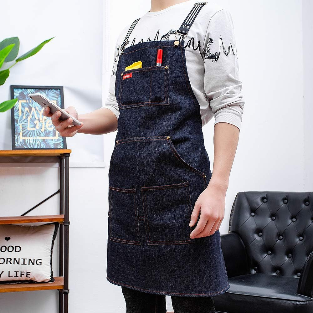 Unisex Denim Apron, Adjustable Barista Apron, Multi Pocket Apron, Sky Blue Apron